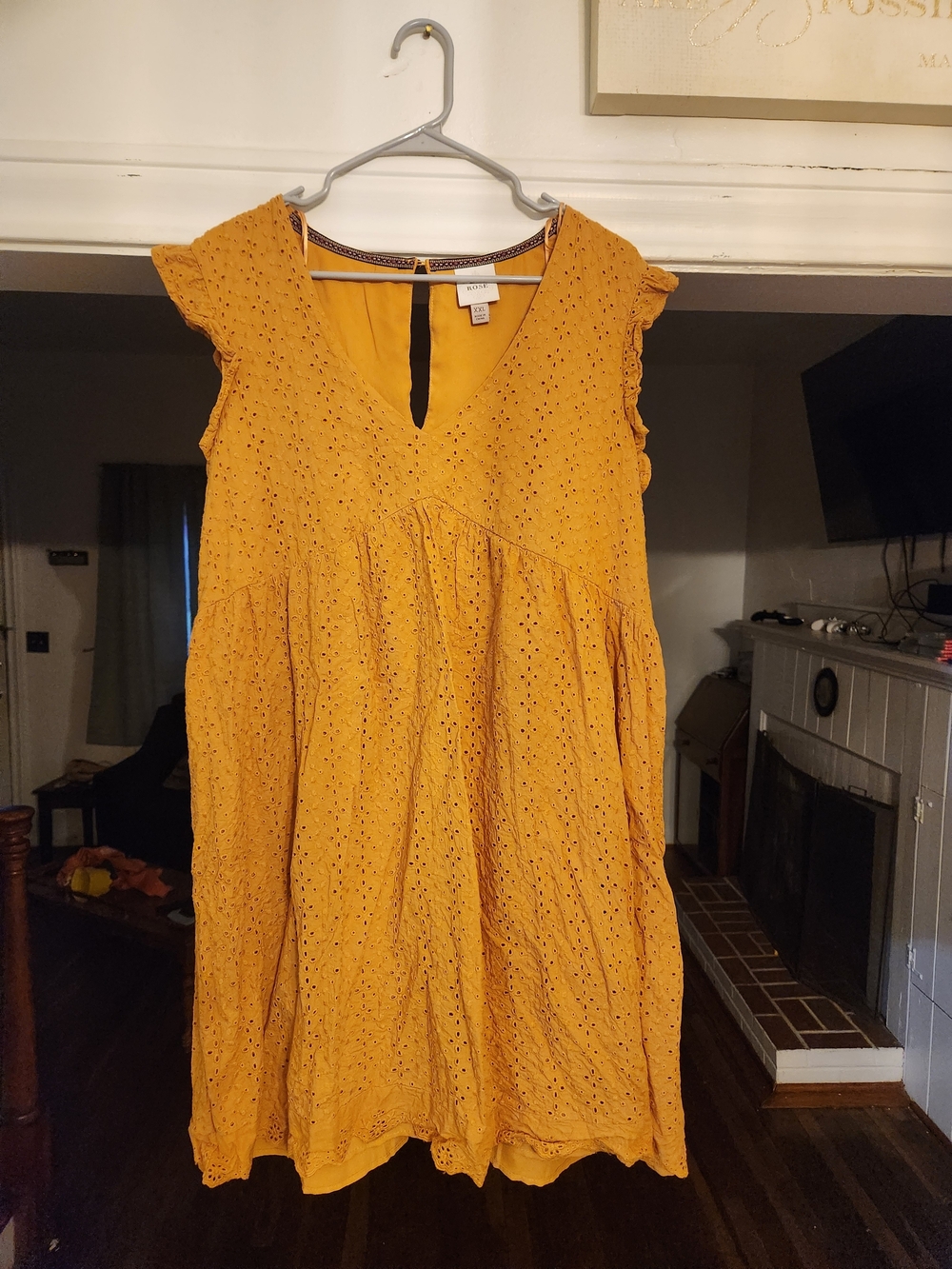 V-Neck Mustard Eyelet Mini Dress with Flutter Sleeves